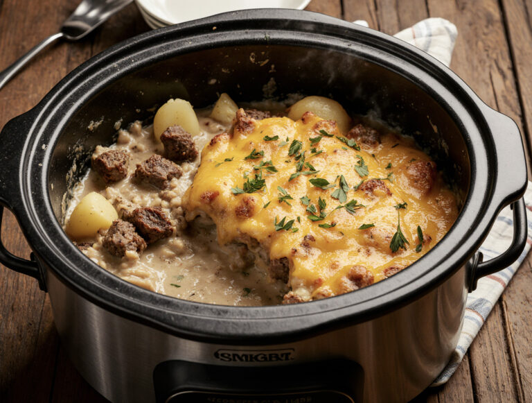 Slow Cooker Steak and Cheddar Potato Casserole