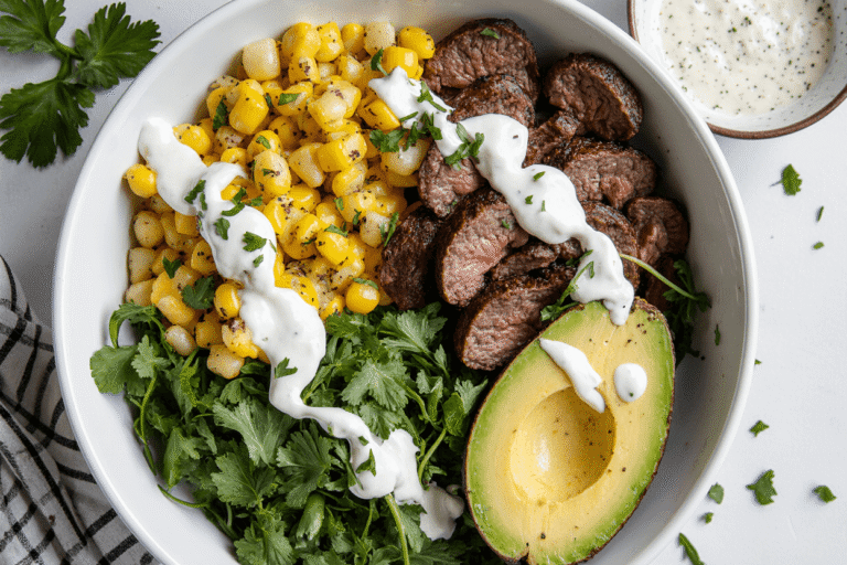 Steak. Avocado, and Roasted Corn Bowl with Cilantro Cream Sauce